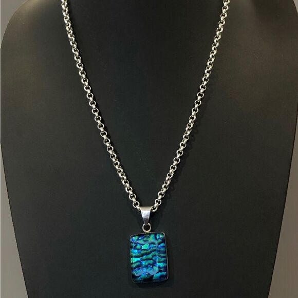 Sterling Silver Rolo Necklace and Blue Green Dichoic Glass 925 Pendant 24” - Picture 3 of 17